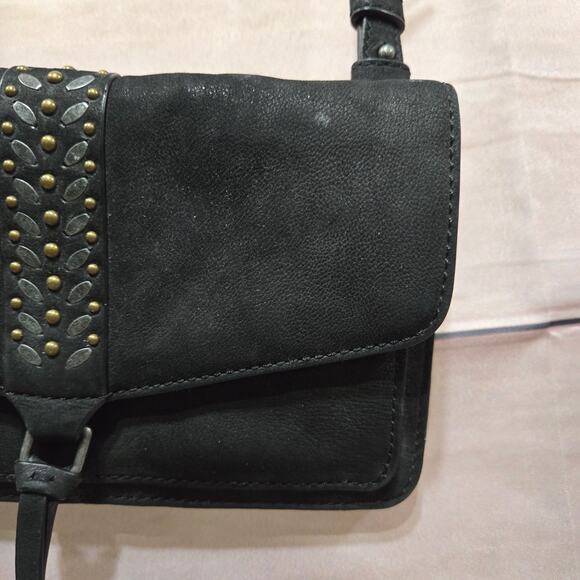 Lucky Brand Black Leather Studded Flap Sher Crossbody Bag Boho Small Purse - Picture 5 of 16